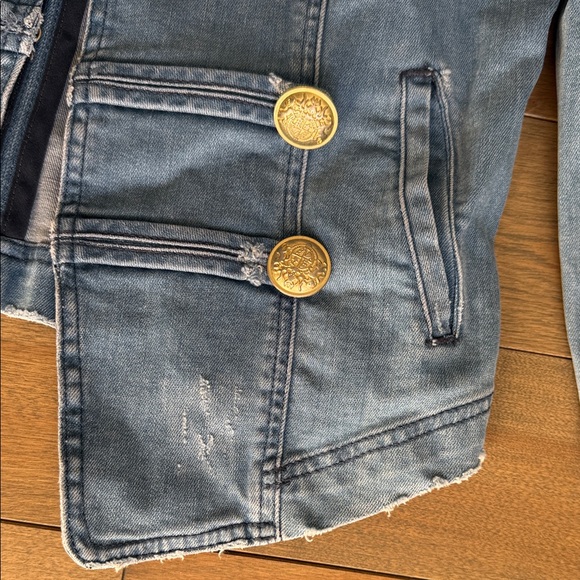 Free People Distressed Denim Military Jacket with Gold Accents - Picture 4 of 6